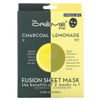 The Crème Shop - Fusion Face Masks, Korean Facial Skin Care and Moisturizer - Hyaluronic Acid Charcoal and Lemon for Hydrating, Blackhead Remover, Natural Beauty Essence (5 Pack)